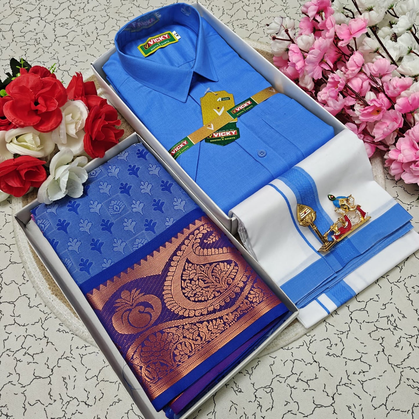 Cotton Blended Heavy Quality Shirt & Dhoti + 3D Embossed Karizma Silk Saree (Gift Combo)
