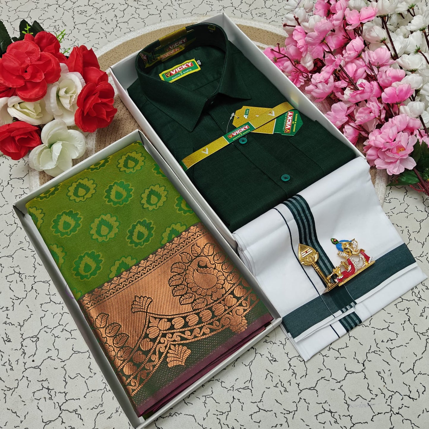Cotton Blended Heavy Quality Shirt & Dhoti + 3D Embossed Karizma Silk Saree (Gift Combo)