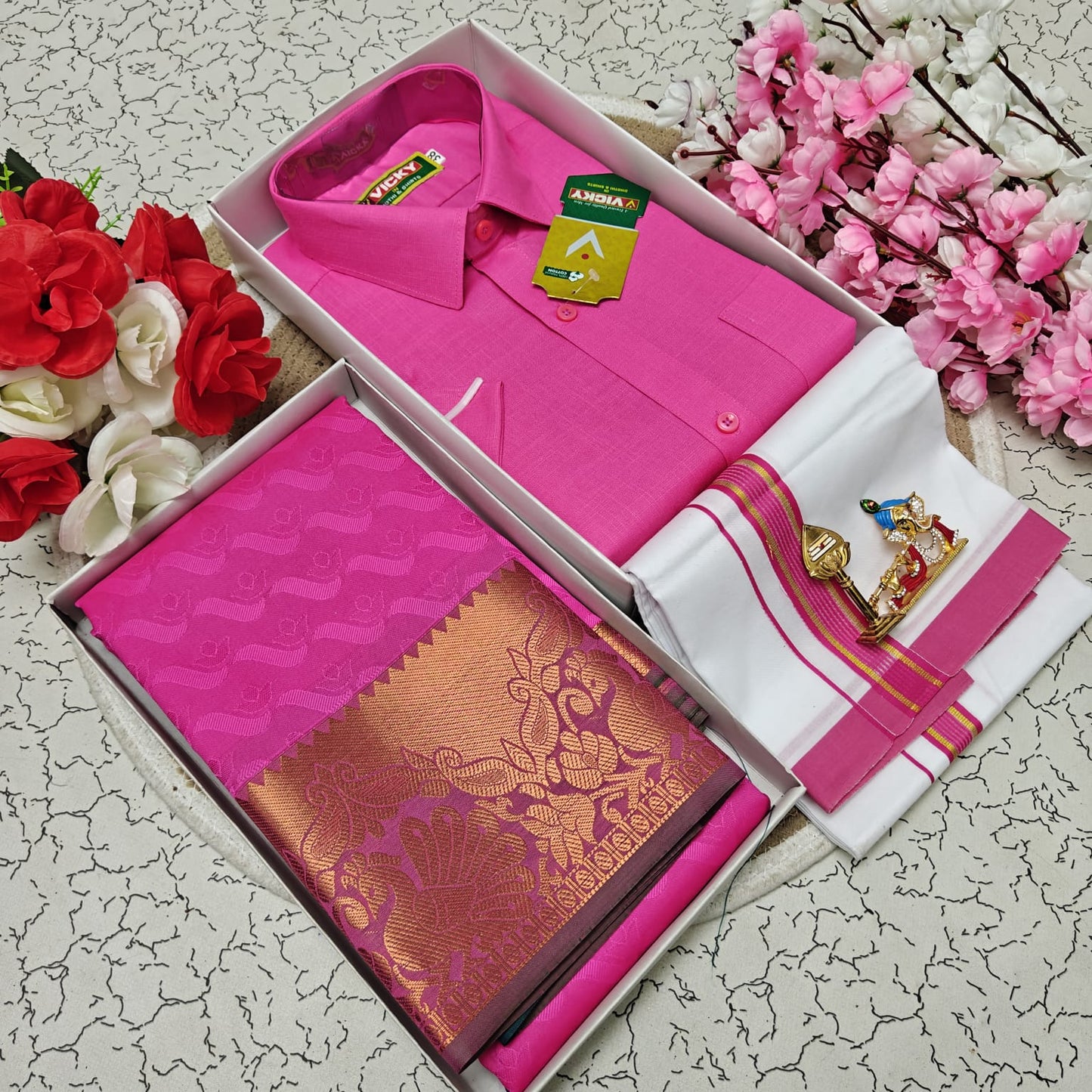 Cotton Blended Heavy Quality Shirt & Dhoti + 3D Embossed Karizma Silk Saree (Gift Combo)