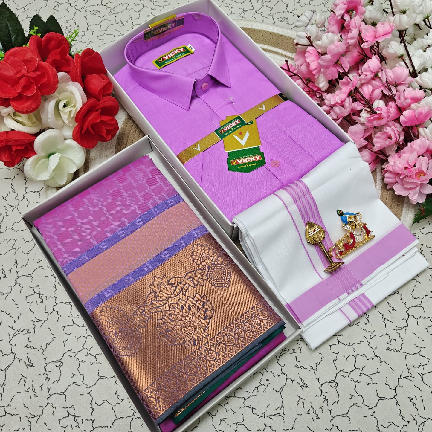 Cotton Blended Heavy Quality Shirt & Dhoti + 3D Embossed Karizma Silk Saree (Gift Combo)
