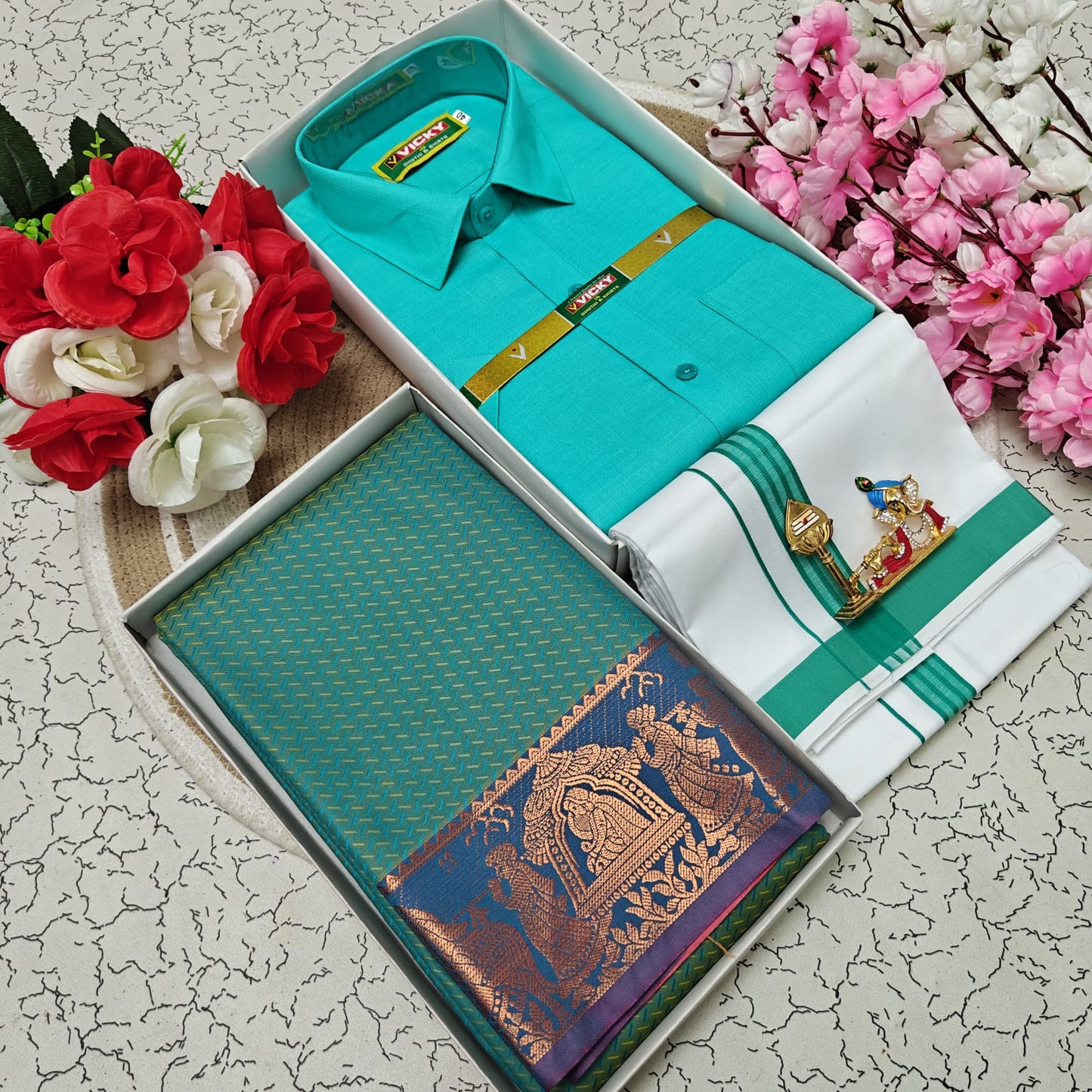 Cotton Blended Heavy Quality Shirt & Dhoti + 3D Embossed Karizma Silk Saree (Gift Combo)