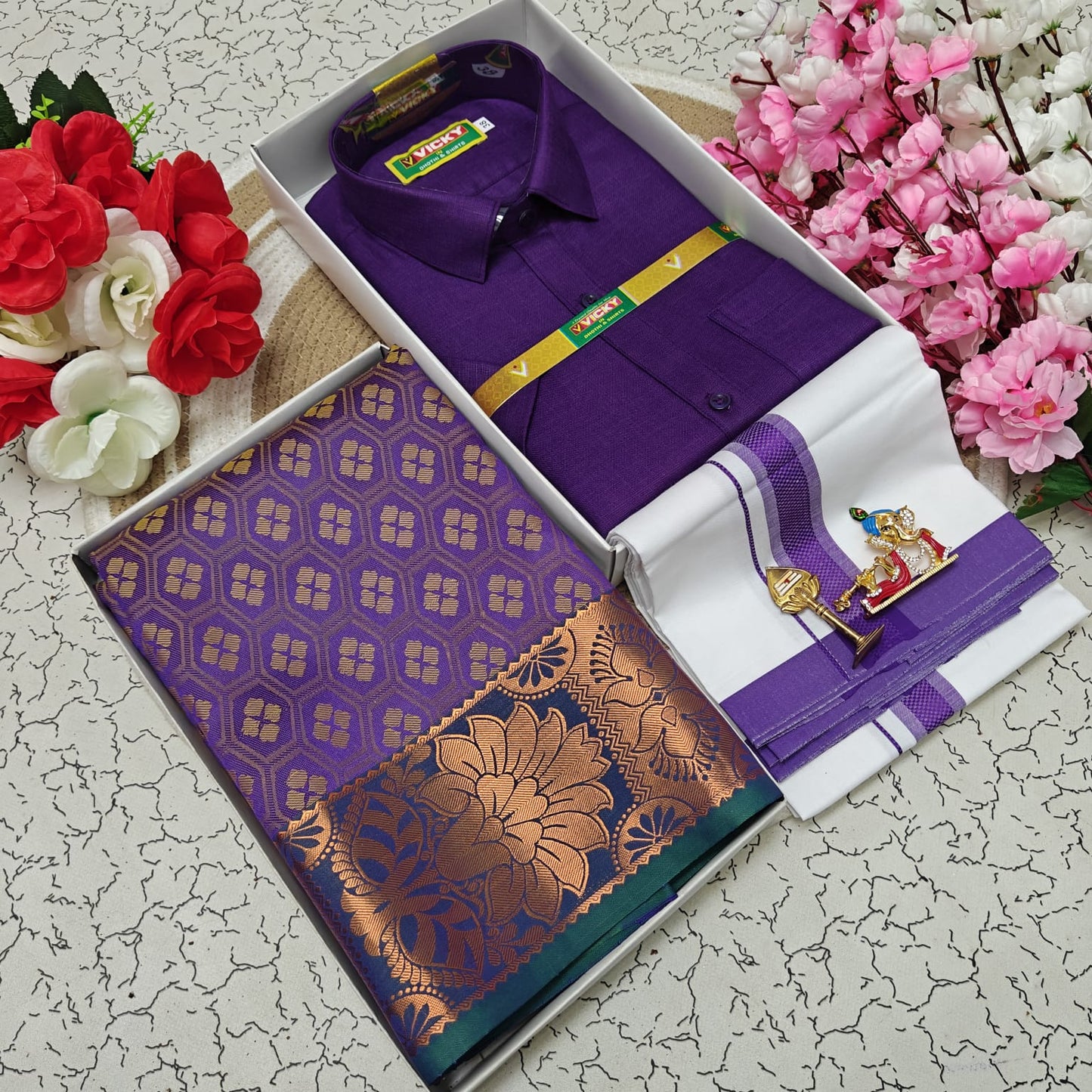 Cotton Blended Heavy Quality Shirt & Dhoti + 3D Embossed Karizma Silk Saree (Gift Combo)