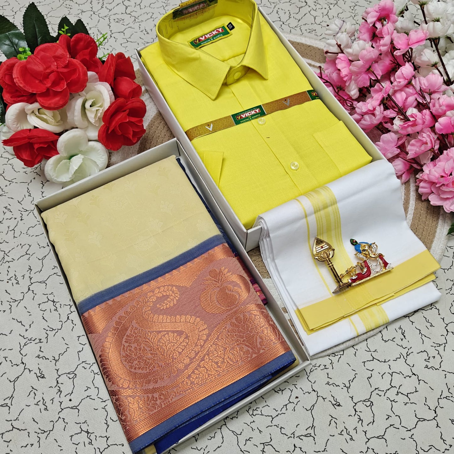 Cotton Blended Heavy Quality Shirt & Dhoti + 3D Embossed Karizma Silk Saree (Gift Combo)