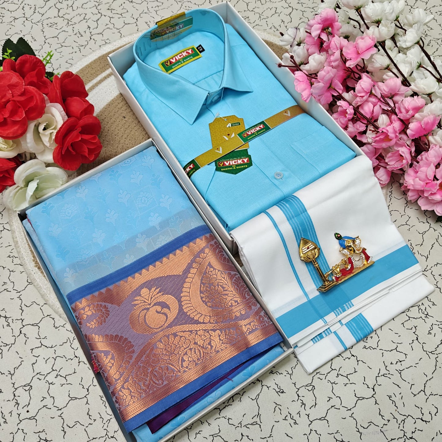Cotton Blended Heavy Quality Shirt & Dhoti + 3D Embossed Karizma Silk Saree (Gift Combo)