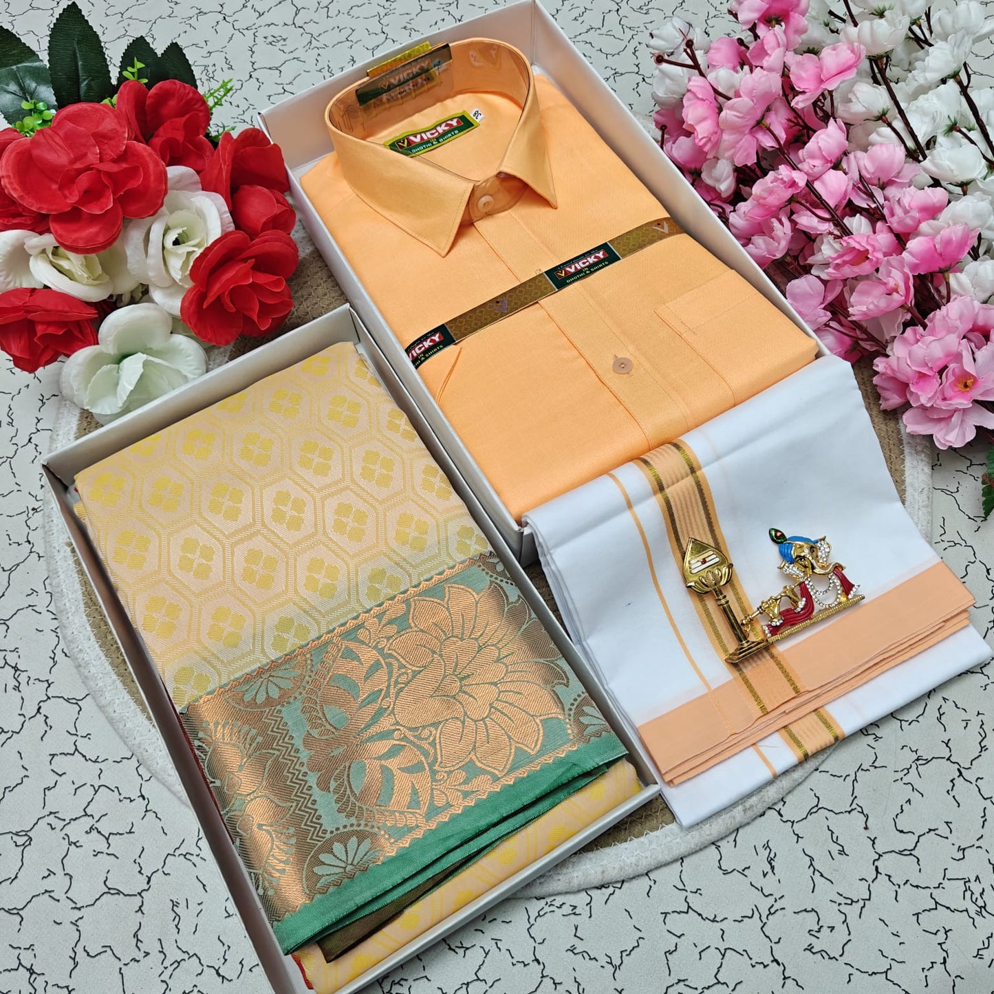 Cotton Blended Heavy Quality Shirt & Dhoti + 3D Embossed Karizma Silk Saree (Gift Combo)