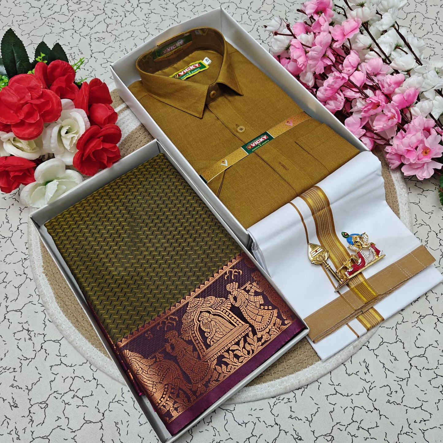 Cotton Blended Heavy Quality Shirt & Dhoti + 3D Embossed Karizma Silk Saree (Gift Combo)