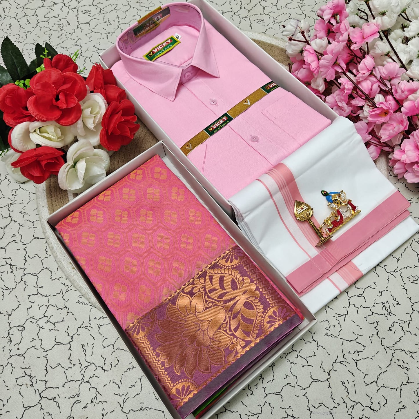 Cotton Blended Heavy Quality Shirt & Dhoti + 3D Embossed Karizma Silk Saree (Gift Combo)