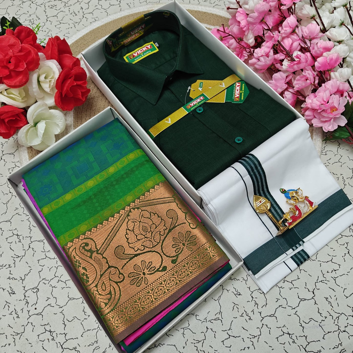 Cotton Blended Heavy Quality Shirt & Dhoti + 3D Embossed Karizma Silk Saree (Gift Combo)