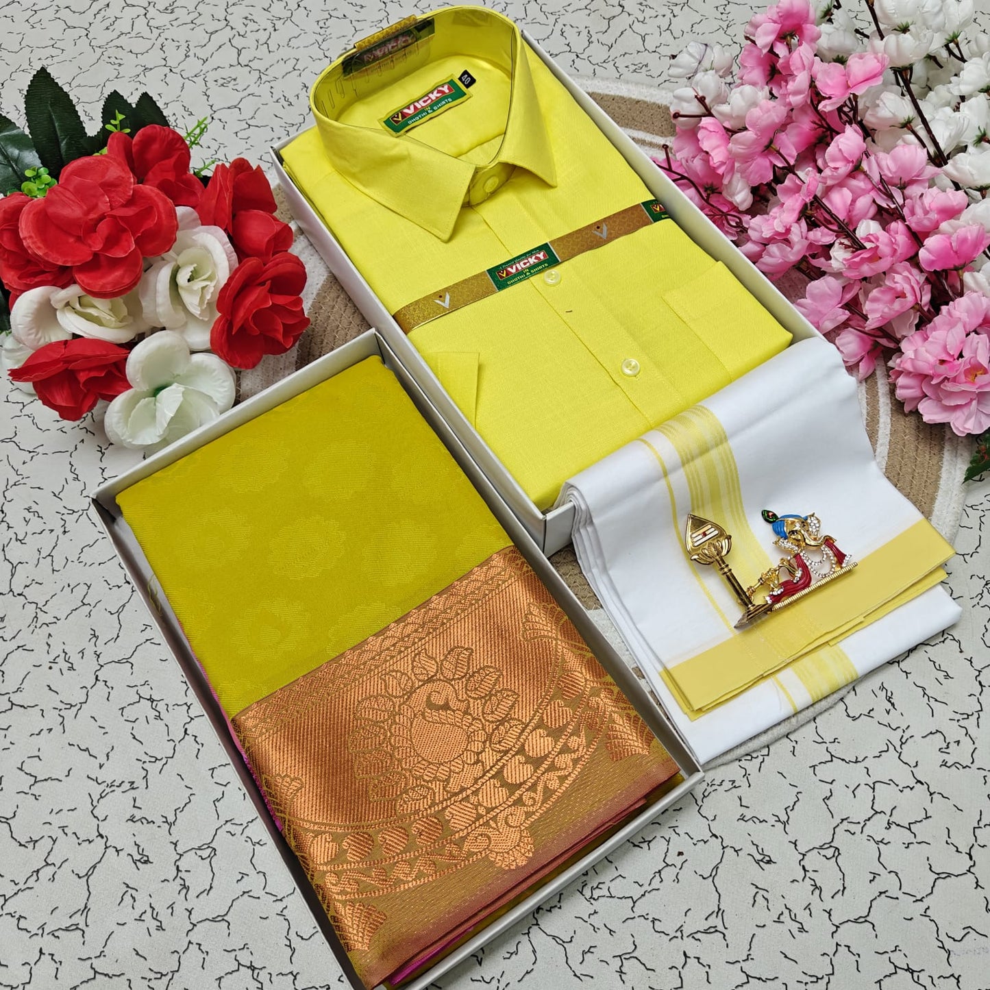 Cotton Blended Heavy Quality Shirt & Dhoti + 3D Embossed Karizma Silk Saree (Gift Combo)