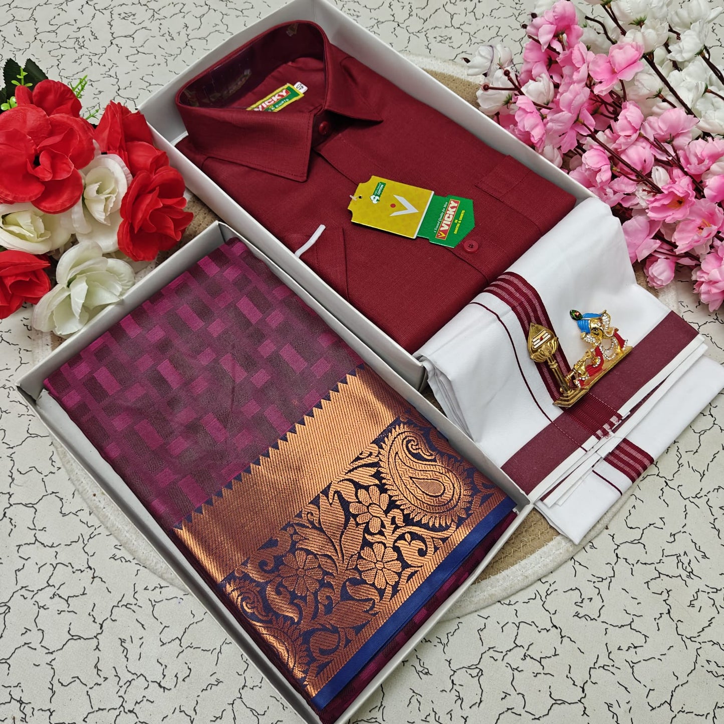 Cotton Blended Heavy Quality Shirt & Dhoti + 3D Embossed Karizma Silk Saree (Gift Combo)