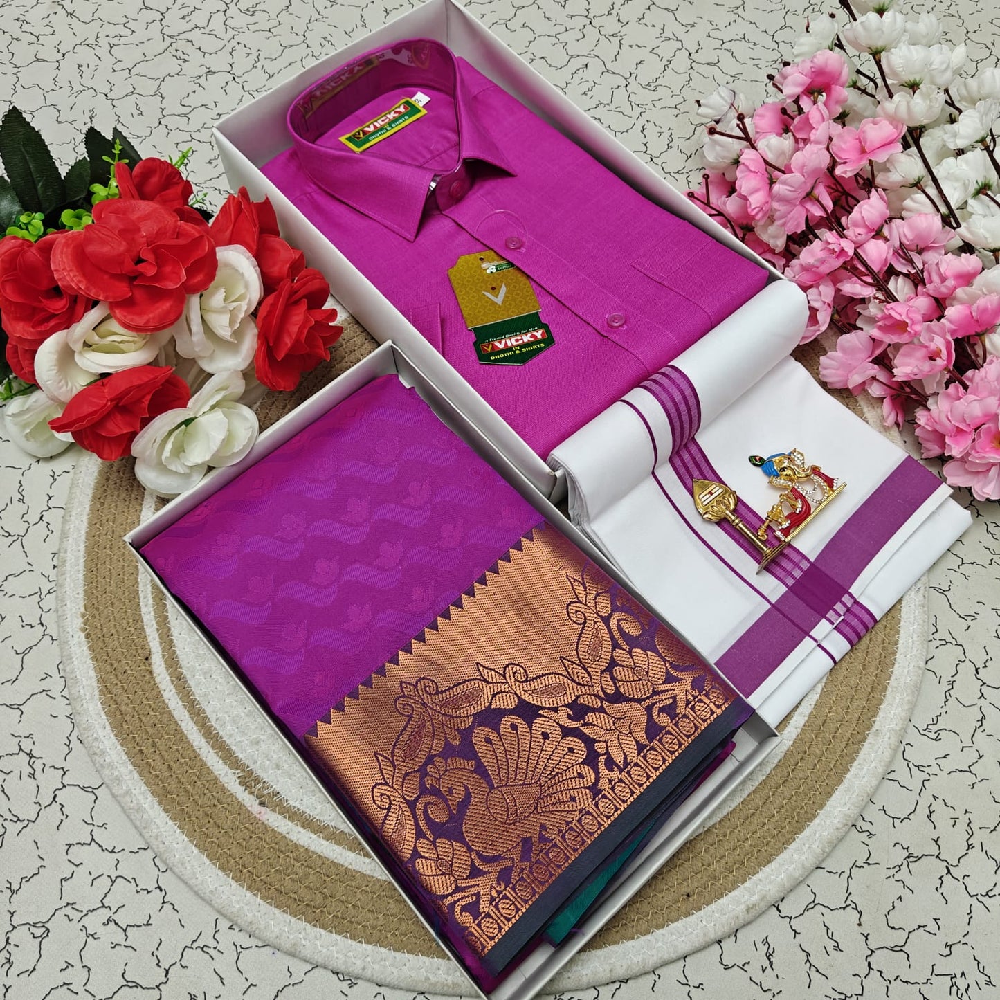 Cotton Blended Heavy Quality Shirt & Dhoti + 3D Embossed Karizma Silk Saree (Gift Combo)