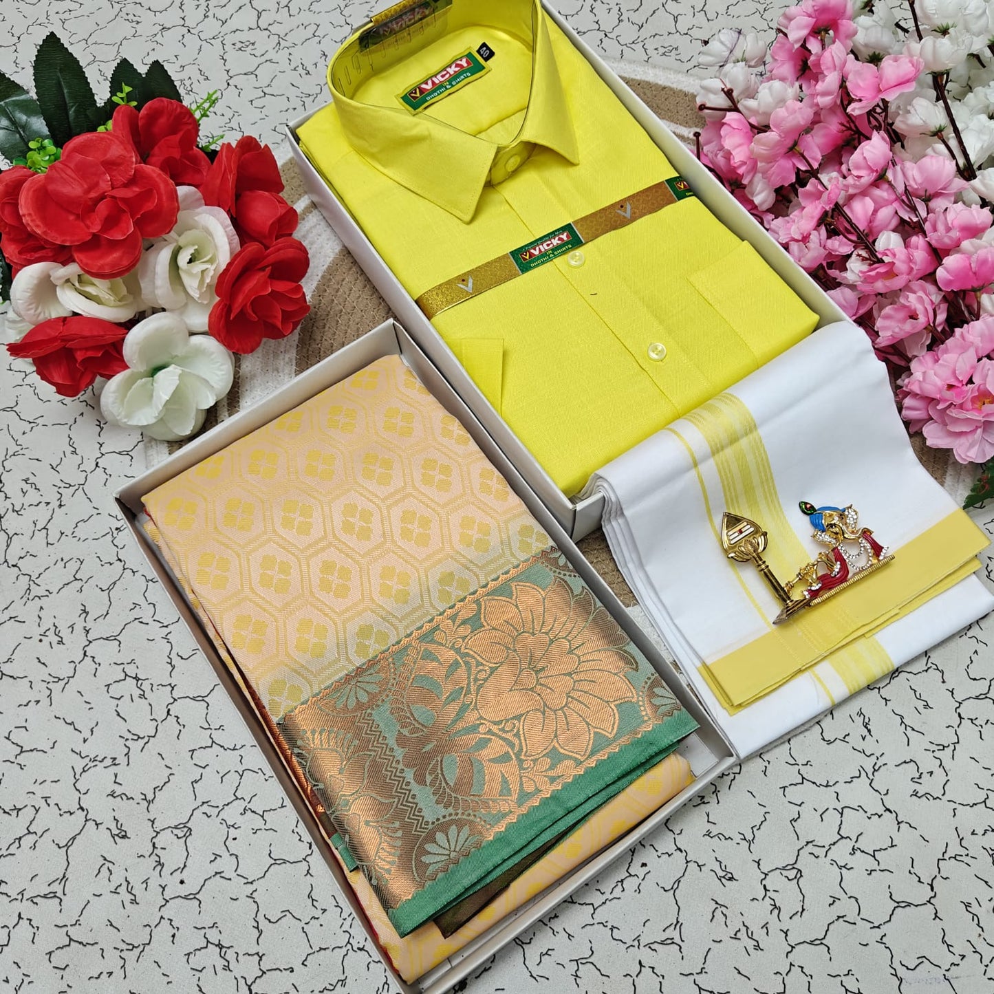 Cotton Blended Heavy Quality Shirt & Dhoti + 3D Embossed Karizma Silk Saree (Gift Combo)