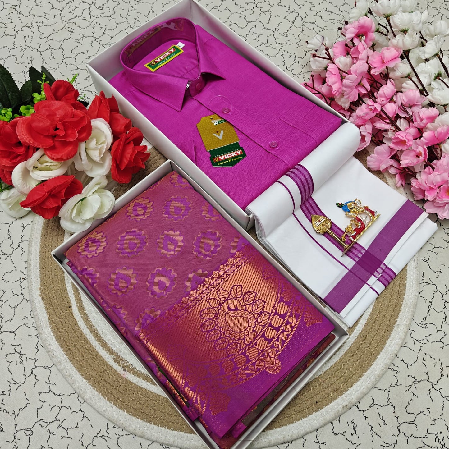 Cotton Blended Heavy Quality Shirt & Dhoti + 3D Embossed Karizma Silk Saree (Gift Combo)