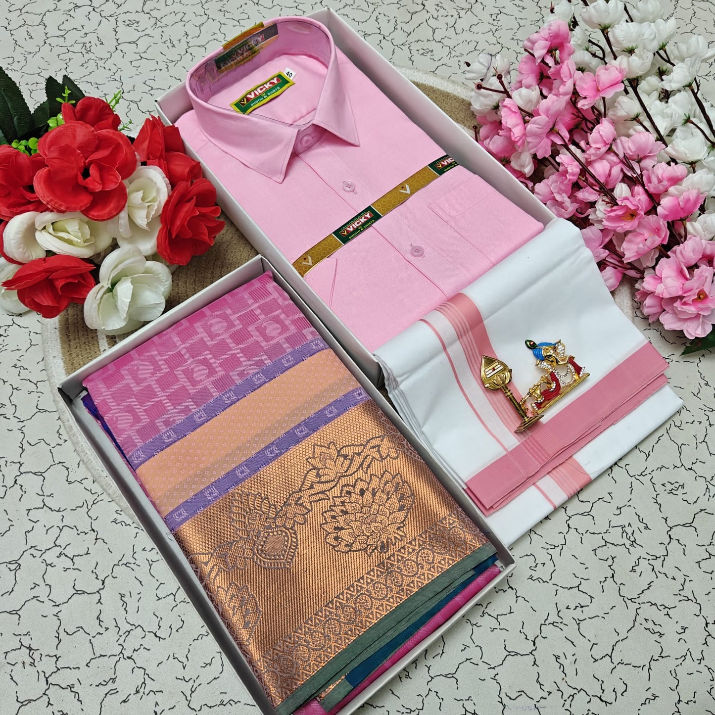 Cotton Blended Heavy Quality Shirt & Dhoti + 3D Embossed Karizma Silk Saree (Gift Combo)
