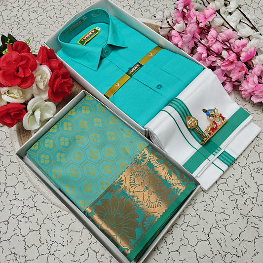 Cotton Blended Heavy Quality Shirt & Dhoti + 3D Embossed Karizma Silk Saree (Gift Combo)