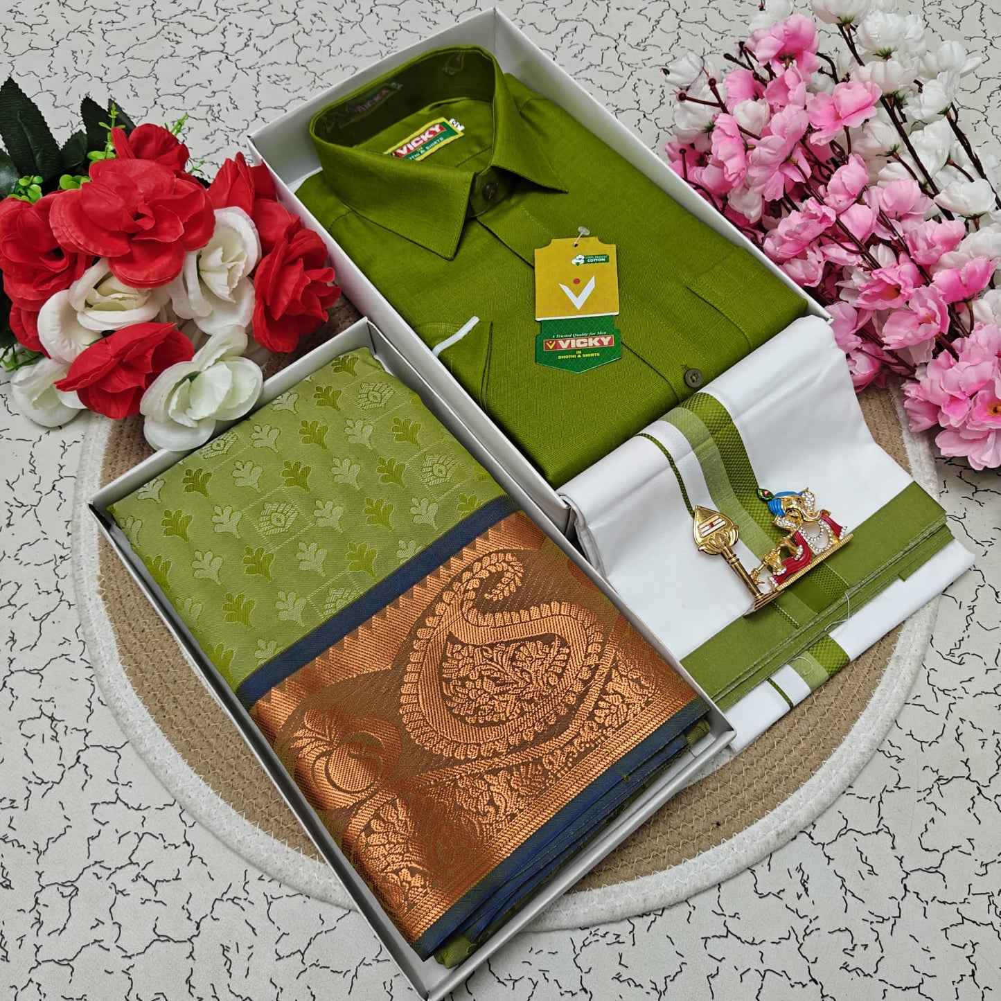 Cotton Blended Heavy Quality Shirt & Dhoti + 3D Embossed Karizma Silk Saree (Gift Combo)