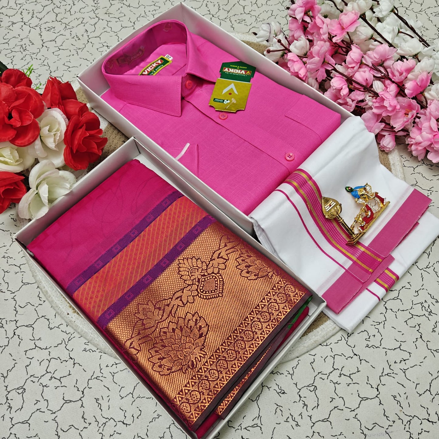 Cotton Blended Heavy Quality Shirt & Dhoti + 3D Embossed Karizma Silk Saree (Gift Combo)