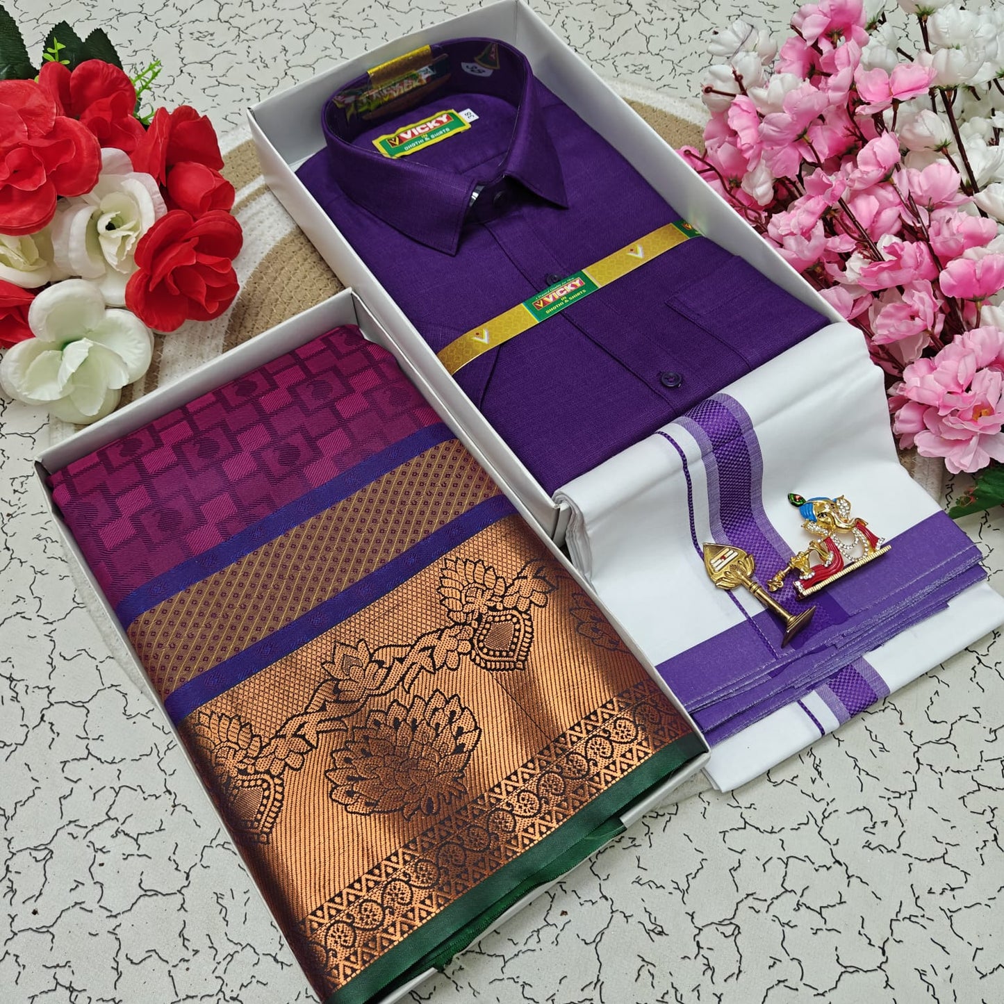Cotton Blended Heavy Quality Shirt & Dhoti + 3D Embossed Karizma Silk Saree (Gift Combo)
