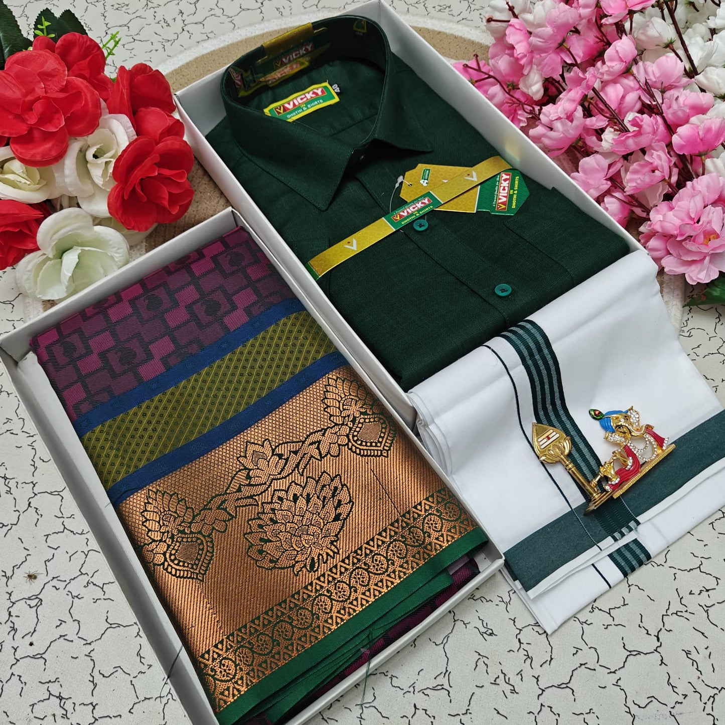 Cotton Blended Heavy Quality Shirt & Dhoti + 3D Embossed Karizma Silk Saree (Gift Combo)