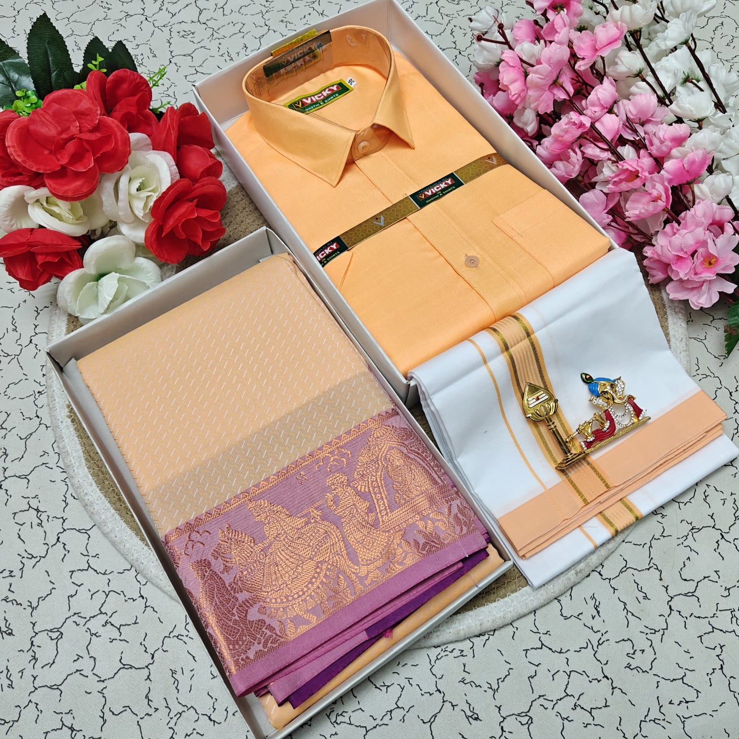 Cotton Blended Heavy Quality Shirt & Dhoti + 3D Embossed Karizma Silk Saree (Gift Combo)