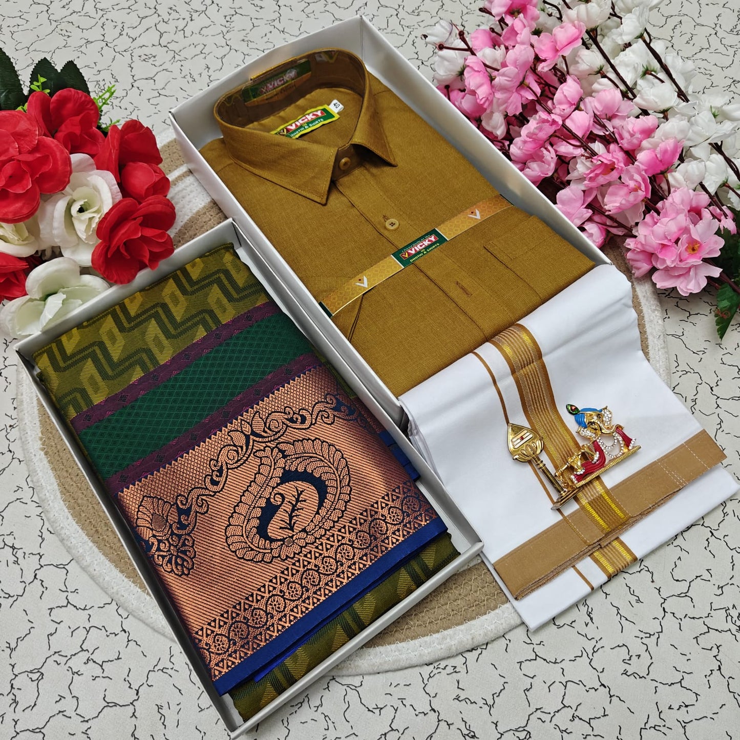 Cotton Blended Heavy Quality Shirt & Dhoti + 3D Embossed Karizma Silk Saree (Gift Combo)