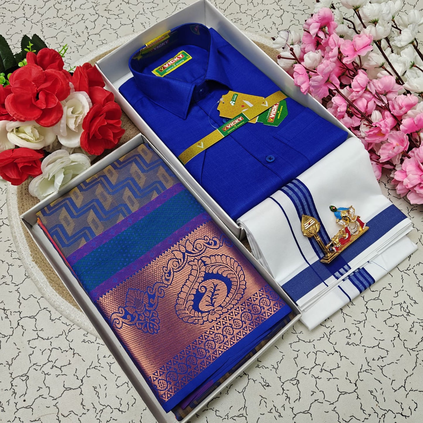 Cotton Blended Heavy Quality Shirt & Dhoti + 3D Embossed Karizma Silk Saree (Gift Combo)