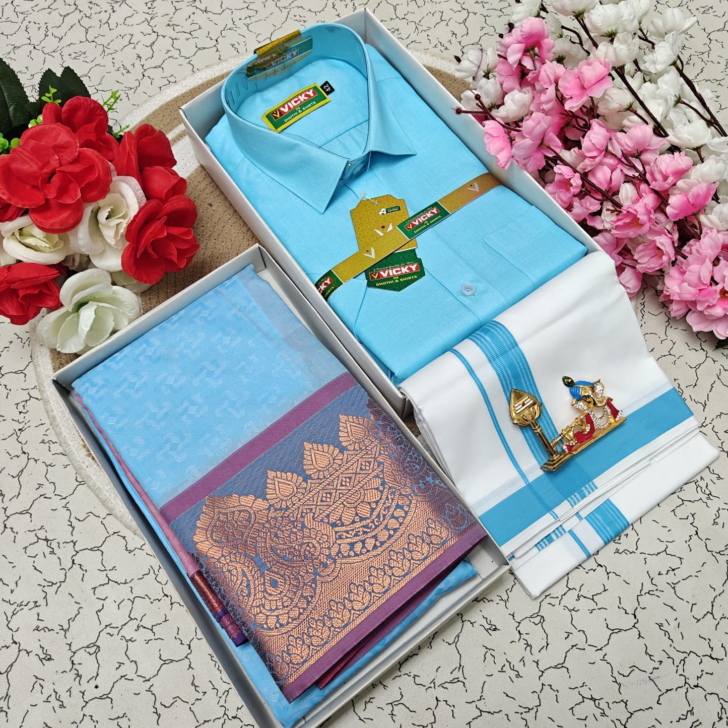 Cotton Blended Heavy Quality Shirt & Dhoti + 3D Embossed Karizma Silk Saree (Gift Combo)