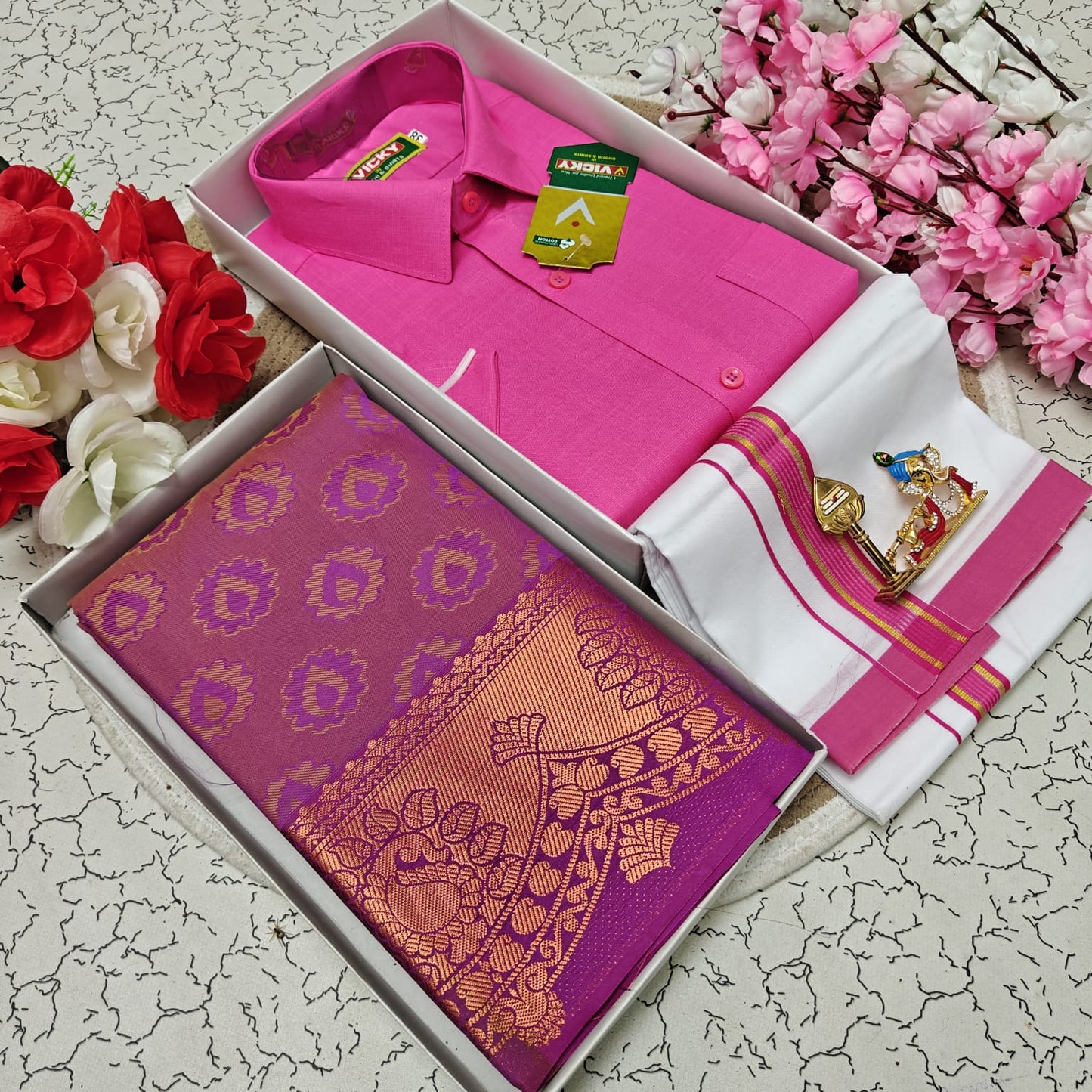 Cotton Blended Heavy Quality Shirt & Dhoti + 3D Embossed Karizma Silk Saree (Gift Combo)