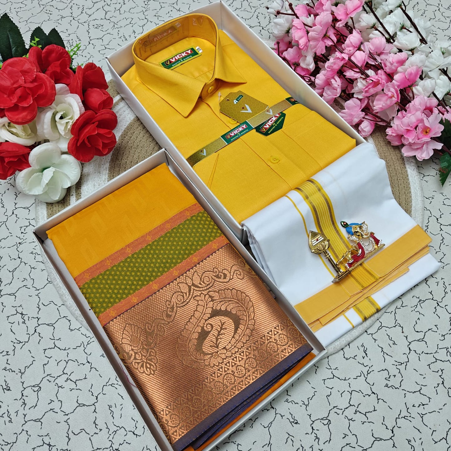 Cotton Blended Heavy Quality Shirt & Dhoti + 3D Embossed Karizma Silk Saree (Gift Combo)
