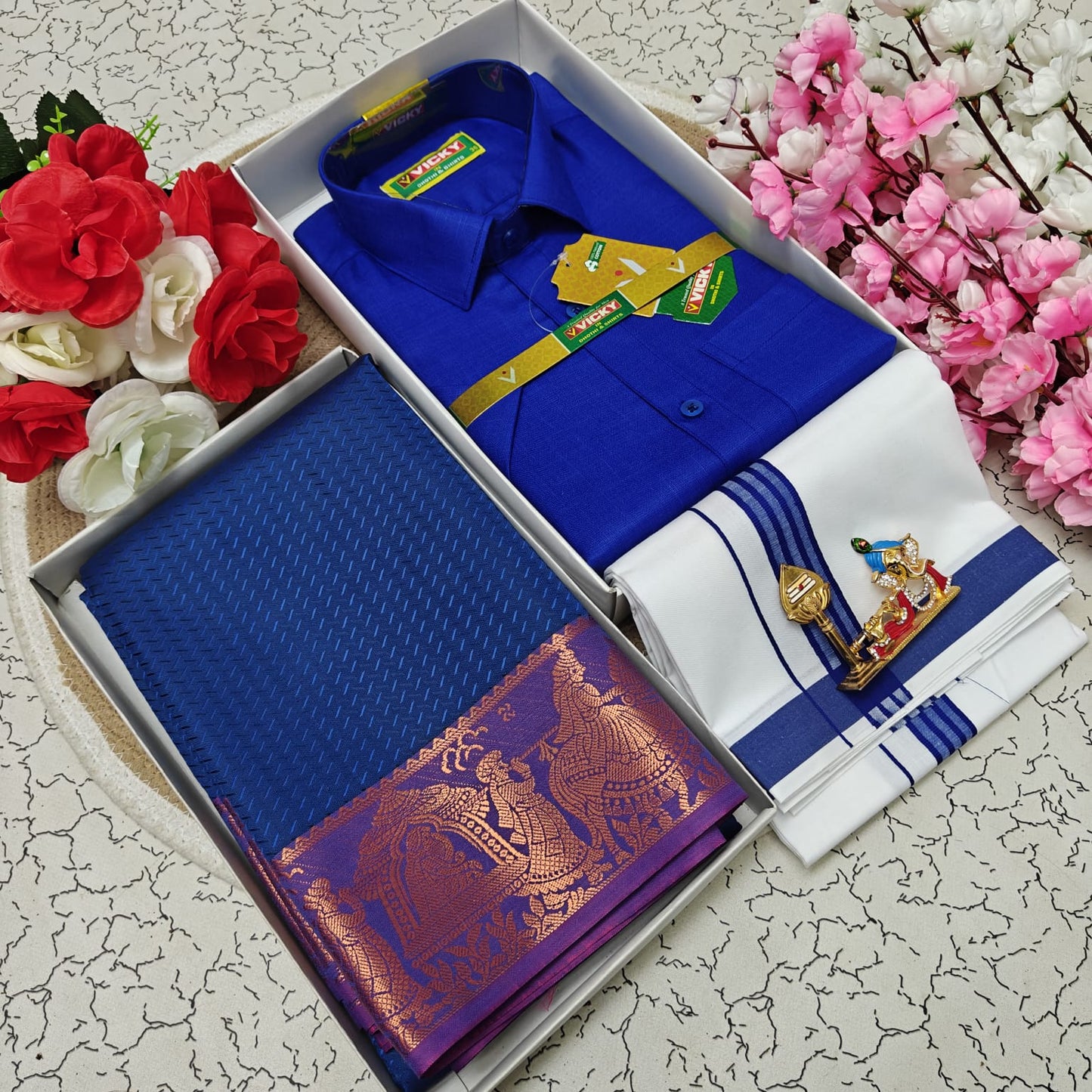 Cotton Blended Heavy Quality Shirt & Dhoti + 3D Embossed Karizma Silk Saree (Gift Combo)
