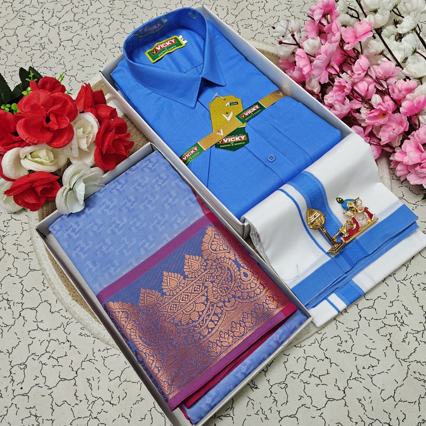Cotton Blended Heavy Quality Shirt & Dhoti + 3D Embossed Karizma Silk Saree (Gift Combo)