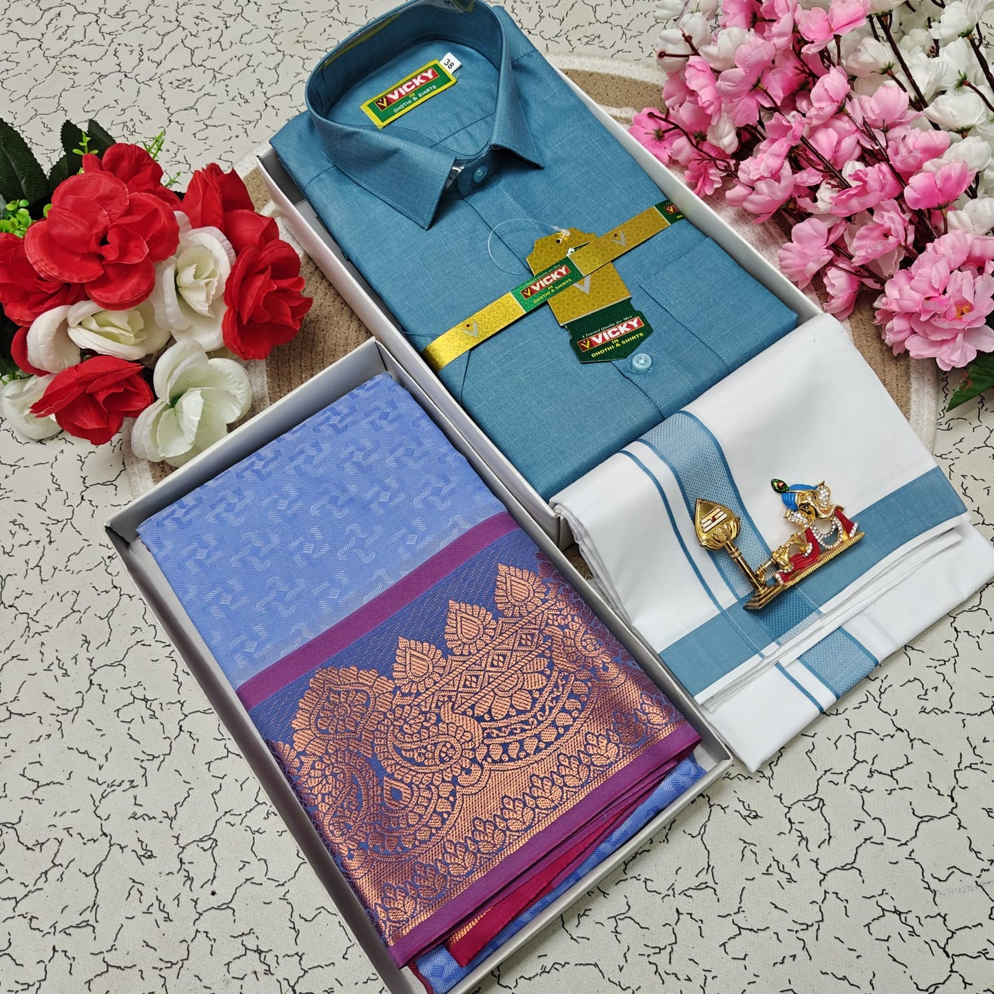 Cotton Blended Heavy Quality Shirt & Dhoti + 3D Embossed Karizma Silk Saree (Gift Combo)