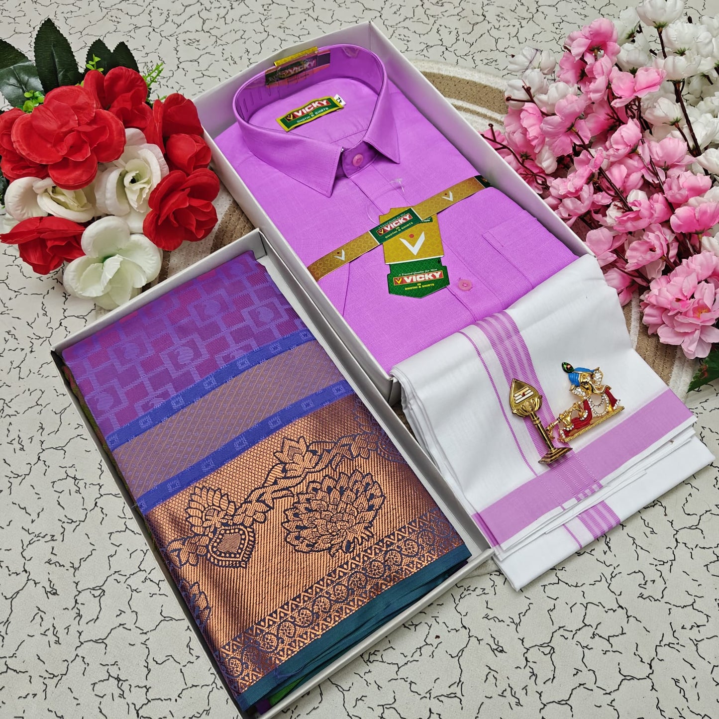 Cotton Blended Heavy Quality Shirt & Dhoti + 3D Embossed Karizma Silk Saree (Gift Combo)