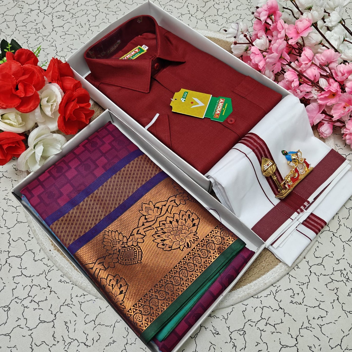Cotton Blended Heavy Quality Shirt & Dhoti + 3D Embossed Karizma Silk Saree (Gift Combo)