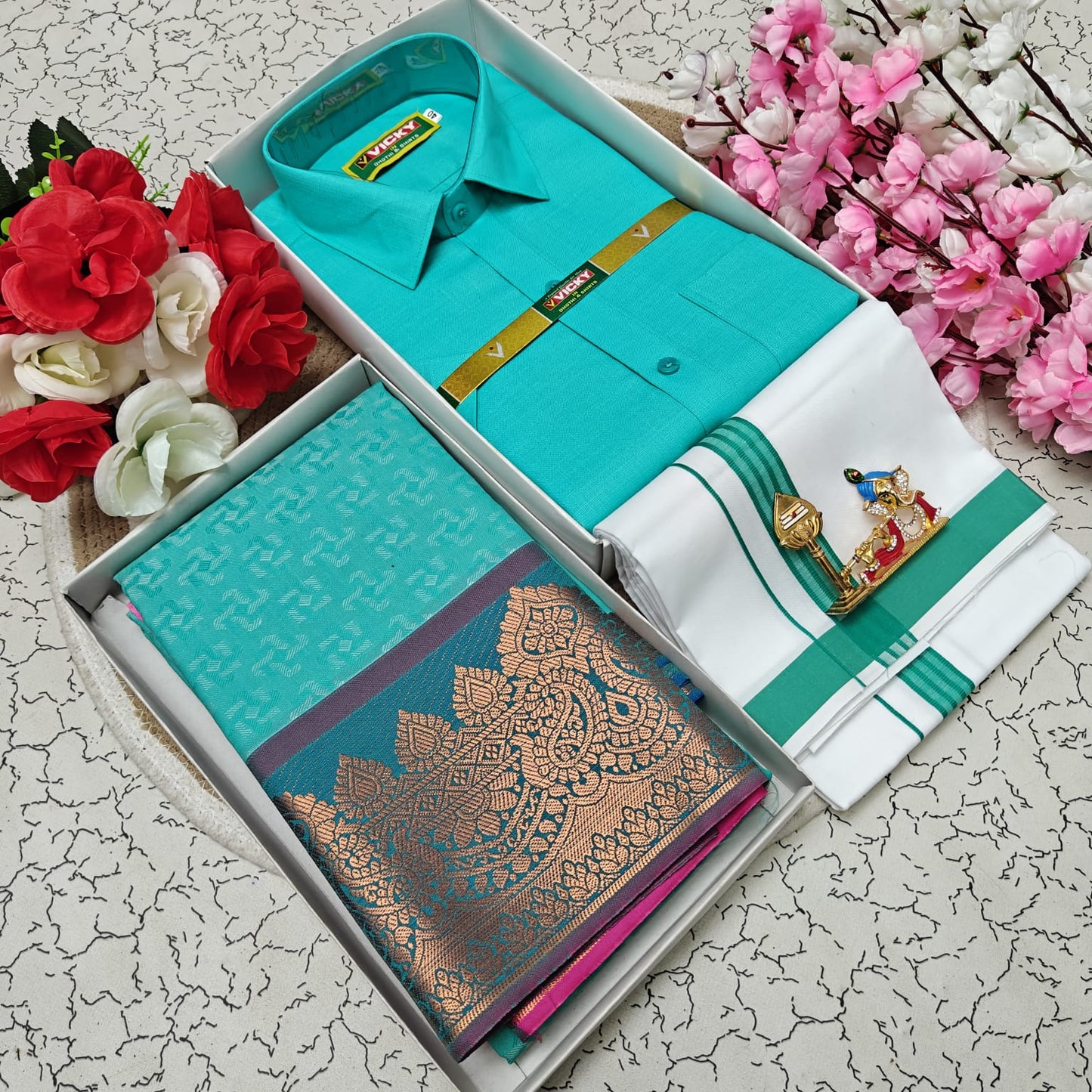 Cotton Blended Heavy Quality Shirt & Dhoti + 3D Embossed Karizma Silk Saree (Gift Combo)
