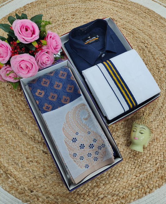 Kubera Silk Saree Set – Saree + Cotton Shirt & Silk-Cotton Dhoti (Matching Sets)