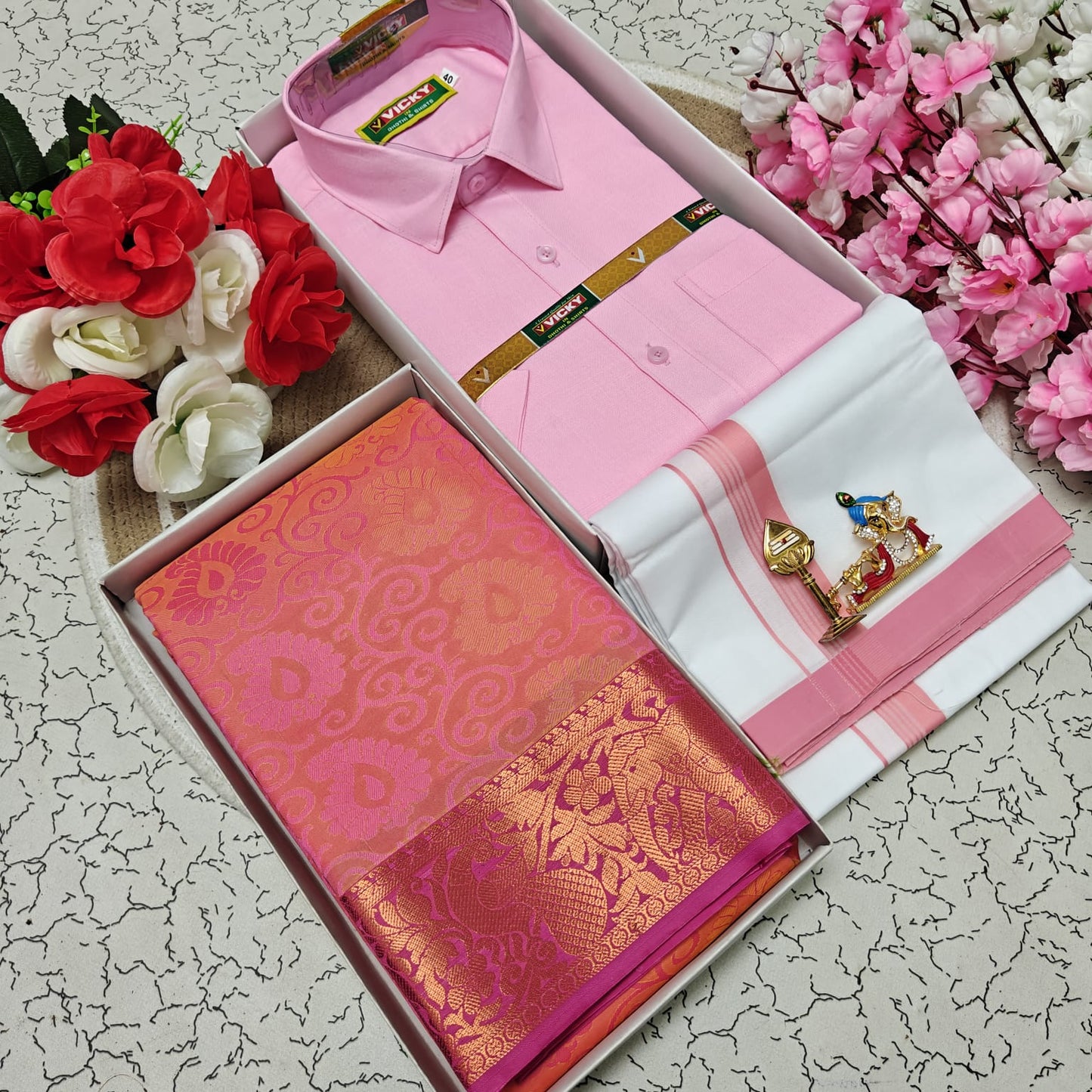 Cotton Blended Heavy Quality Shirt & Dhoti + 3D Embossed Karizma Silk Saree (Gift Combo)