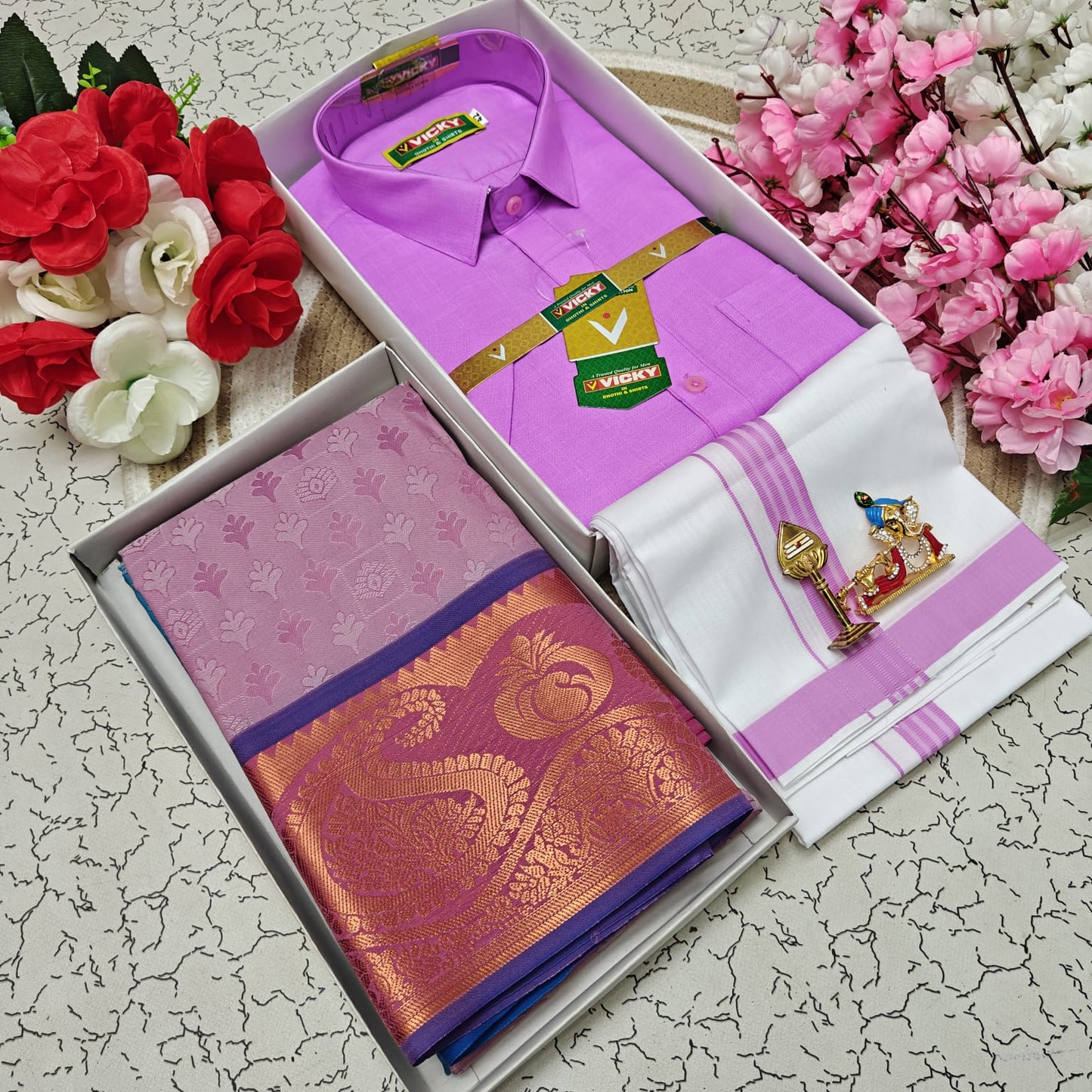 Cotton Blended Heavy Quality Shirt & Dhoti + 3D Embossed Karizma Silk Saree (Gift Combo)