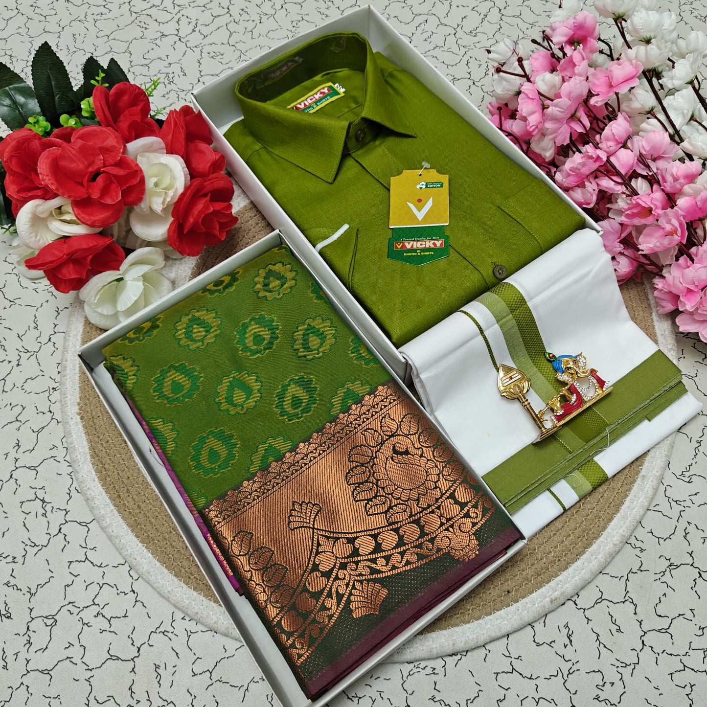 Cotton Blended Heavy Quality Shirt & Dhoti + 3D Embossed Karizma Silk Saree (Gift Combo)