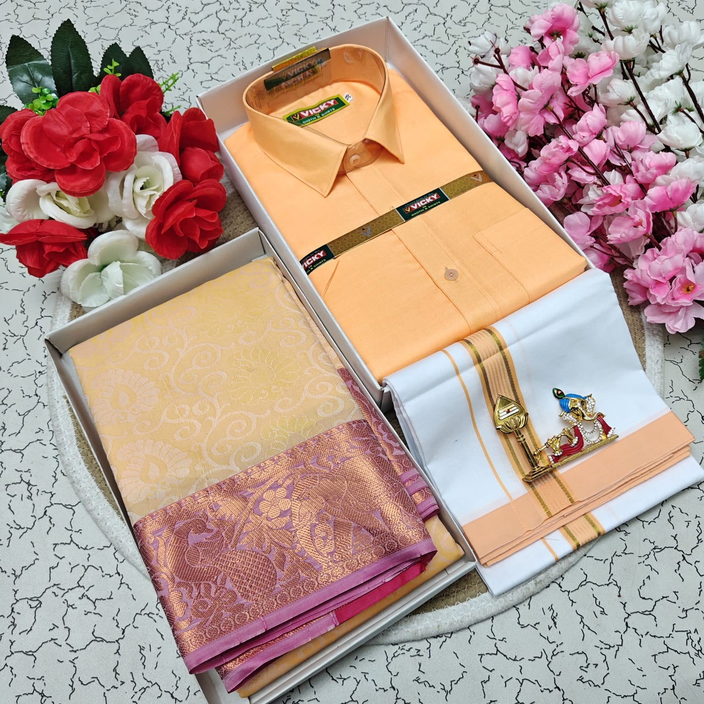 Cotton Blended Heavy Quality Shirt & Dhoti + 3D Embossed Karizma Silk Saree (Gift Combo)