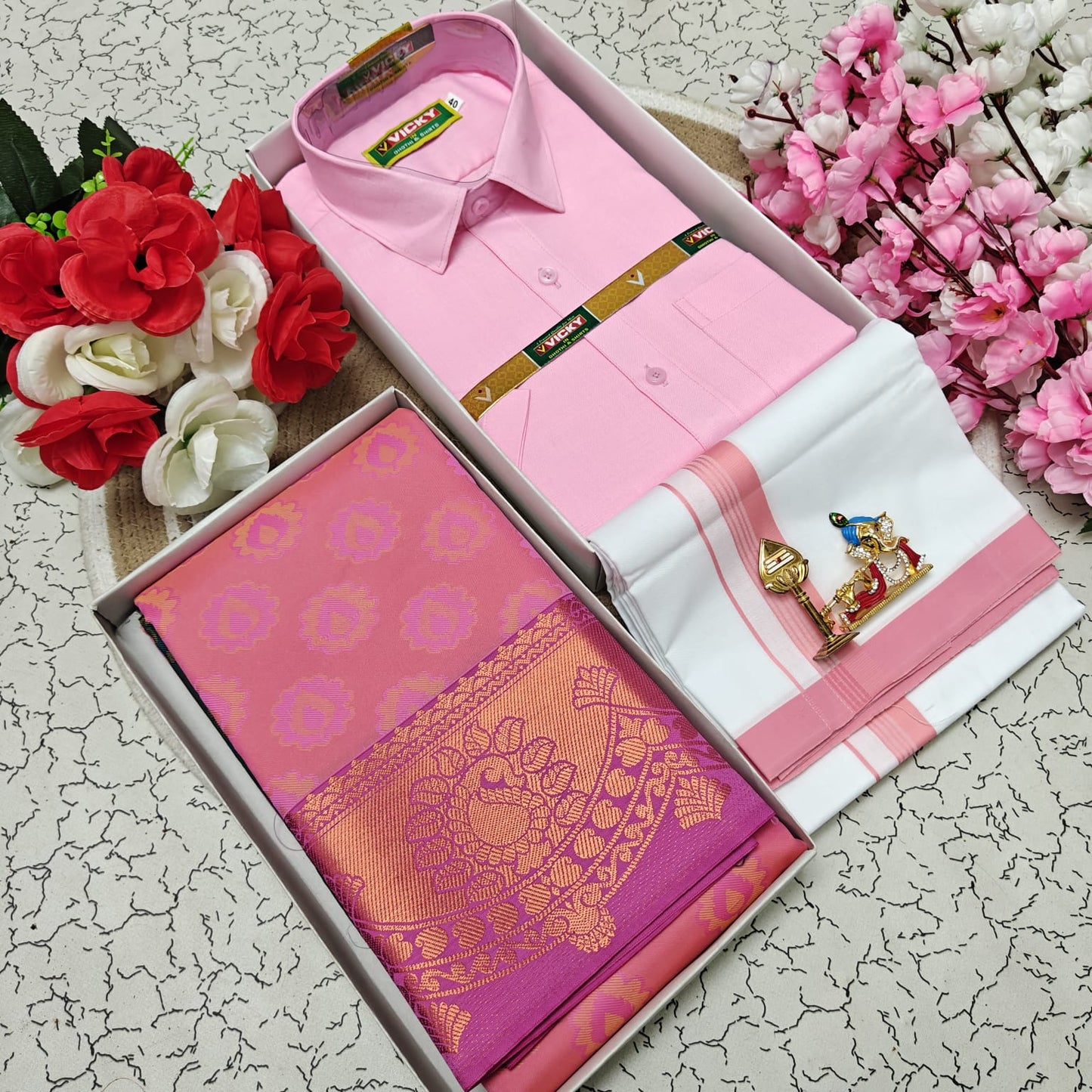 Cotton Blended Heavy Quality Shirt & Dhoti + 3D Embossed Karizma Silk Saree (Gift Combo)
