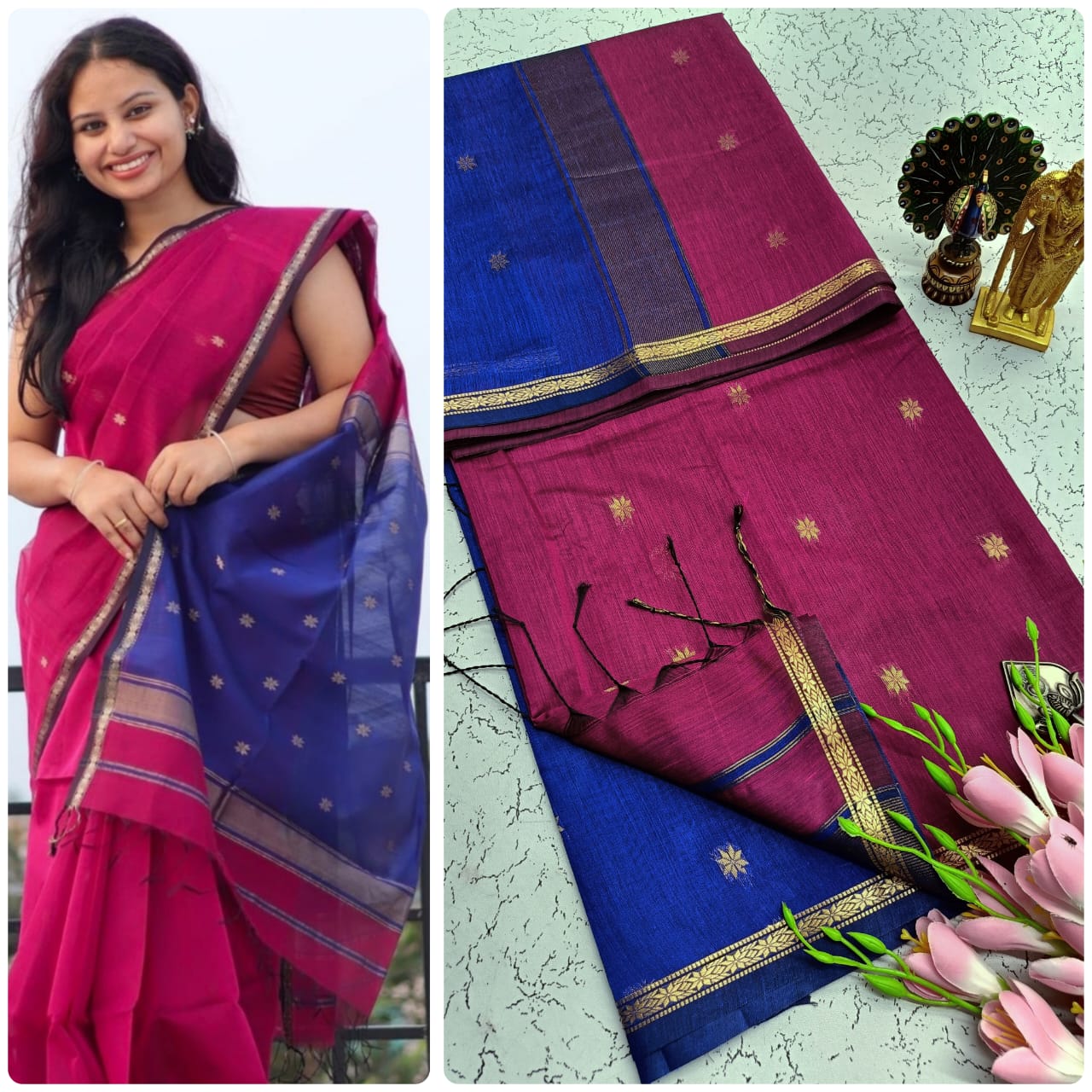 Maheshwari Silk Cotton Saree With Contrast Blouse