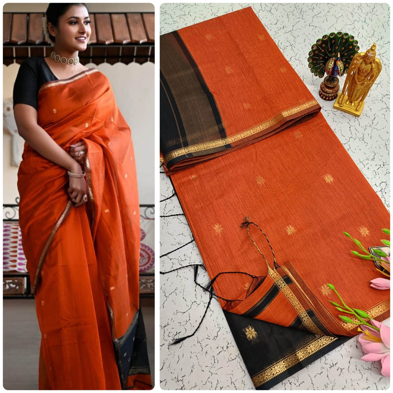 Maheshwari Silk Cotton Saree With Contrast Blouse