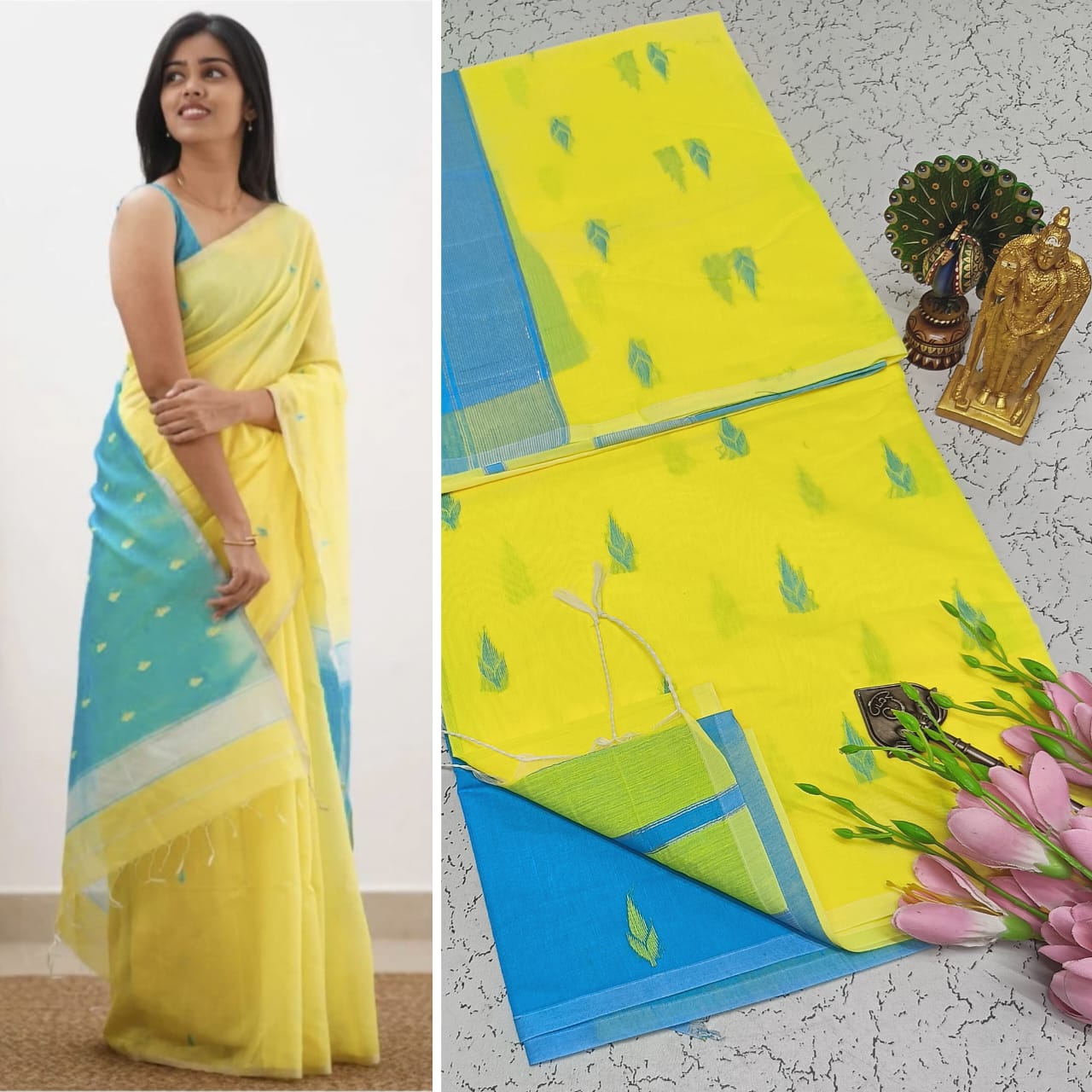 Maheshwari Silk Cotton Saree With Contrast Blouse