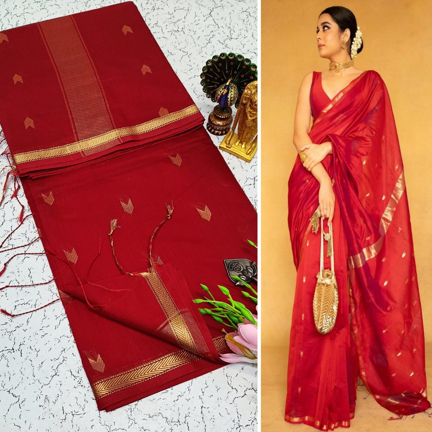 Maheshwari Silk Cotton Saree With Contrast Blouse