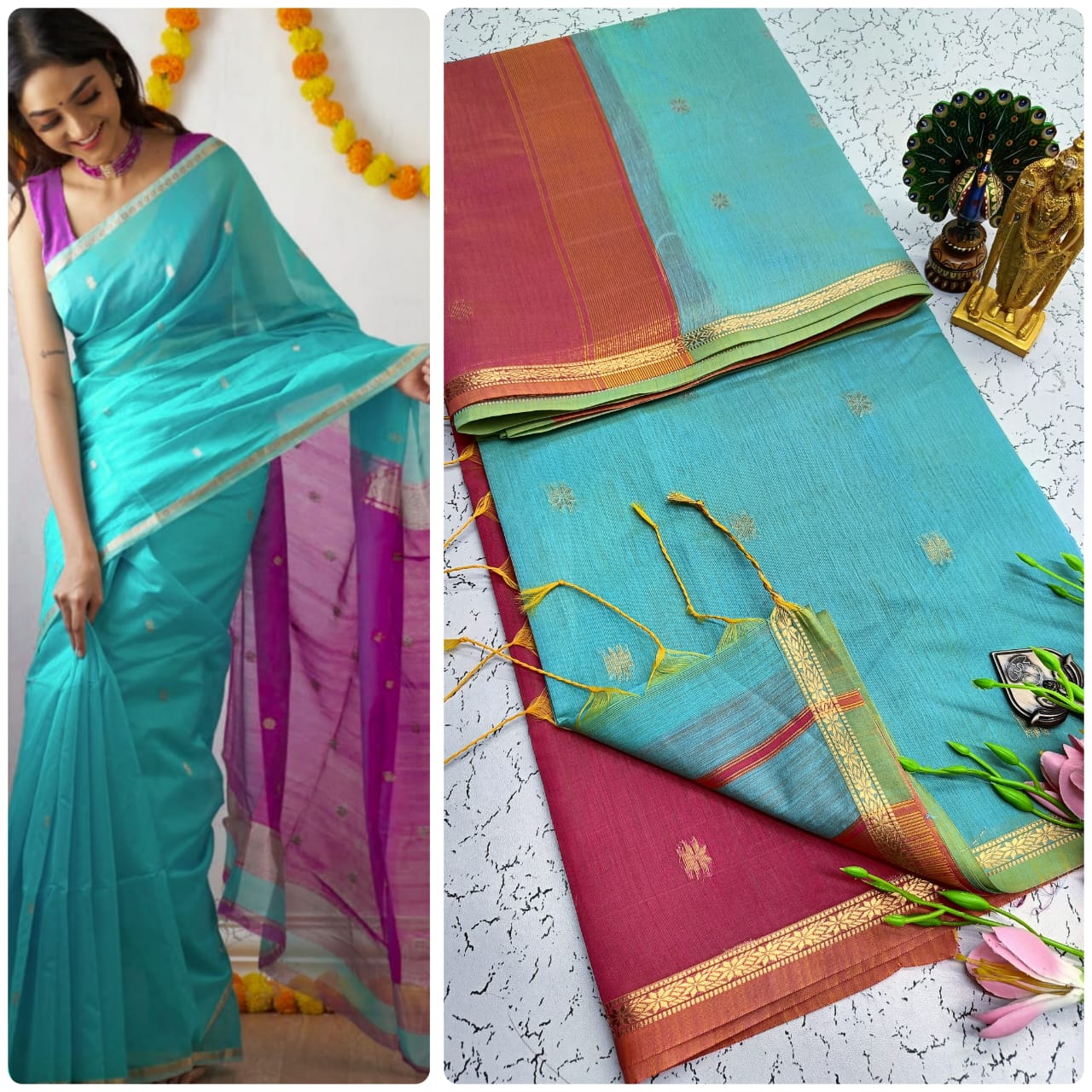 Maheshwari Silk Cotton Saree With Contrast Blouse