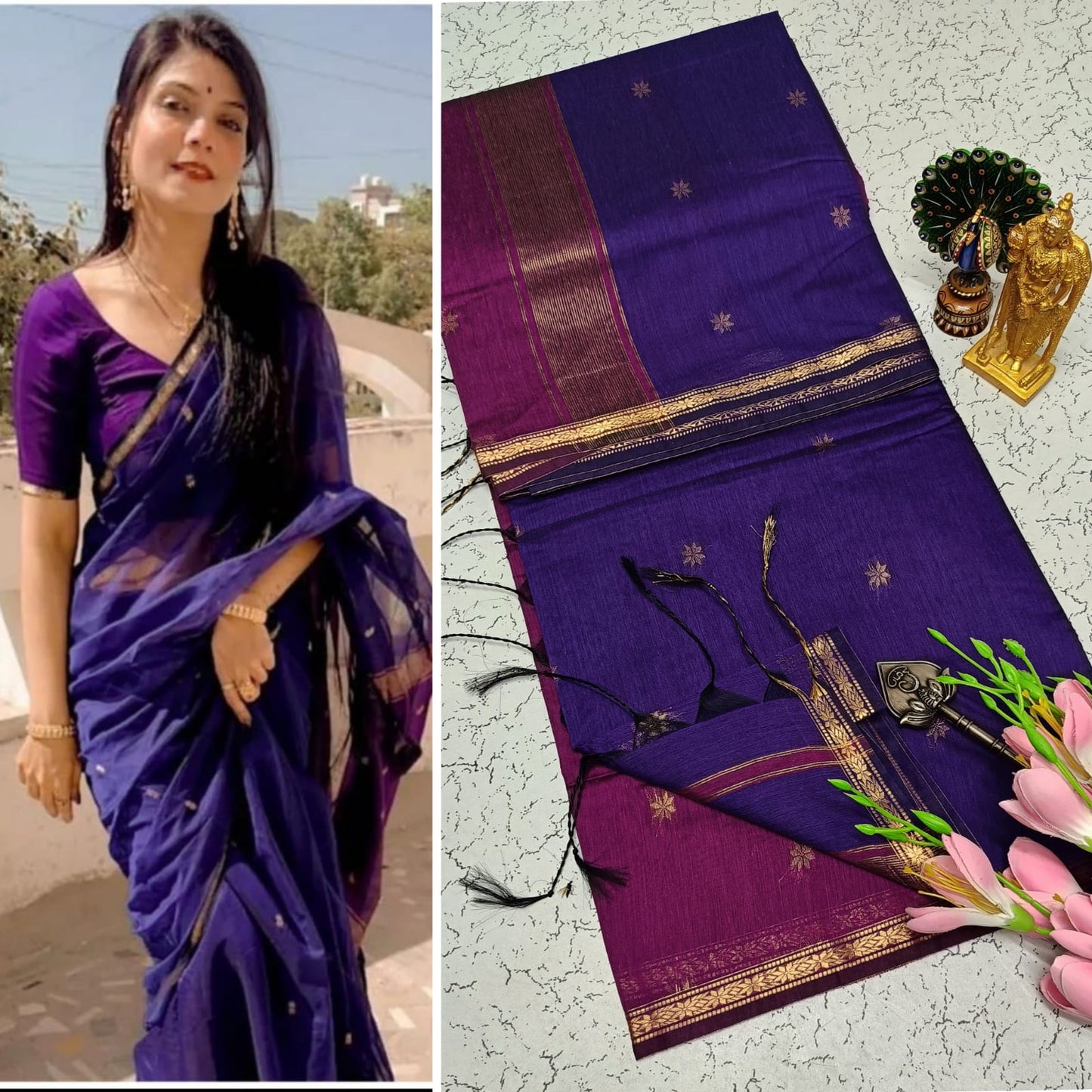 Maheshwari Silk Cotton Saree With Contrast Blouse