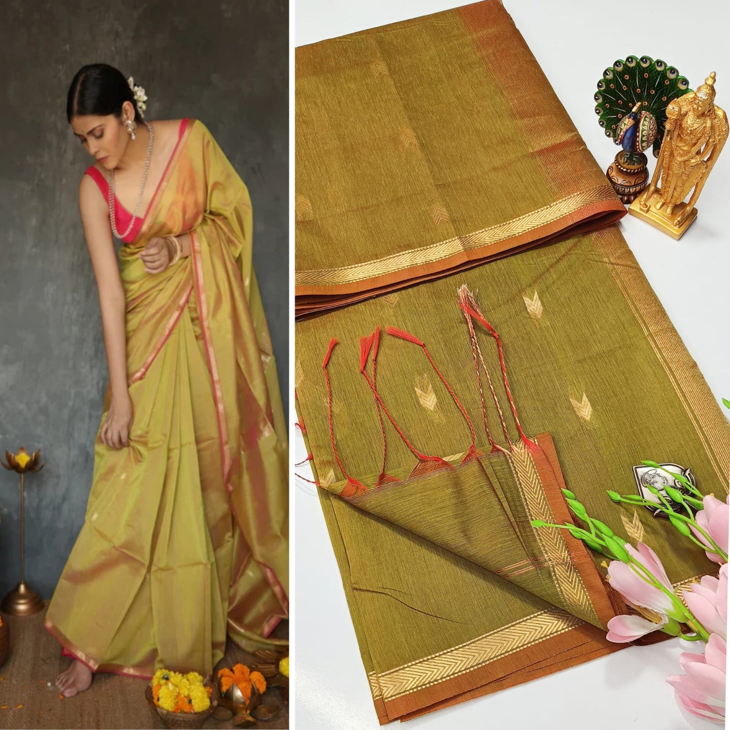 Maheshwari Silk Cotton Saree With Contrast Blouse