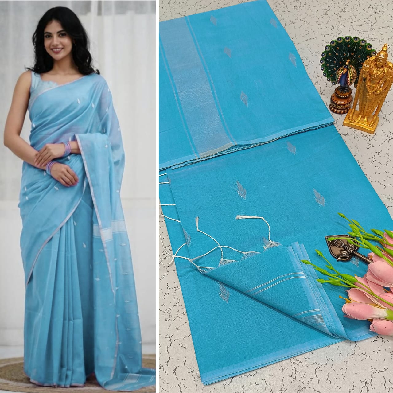 Maheshwari Silk Cotton Saree With Contrast Blouse