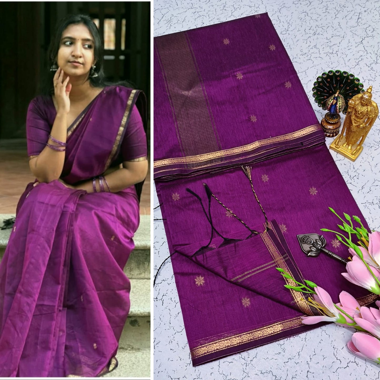 Maheshwari Silk Cotton Saree With Contrast Blouse